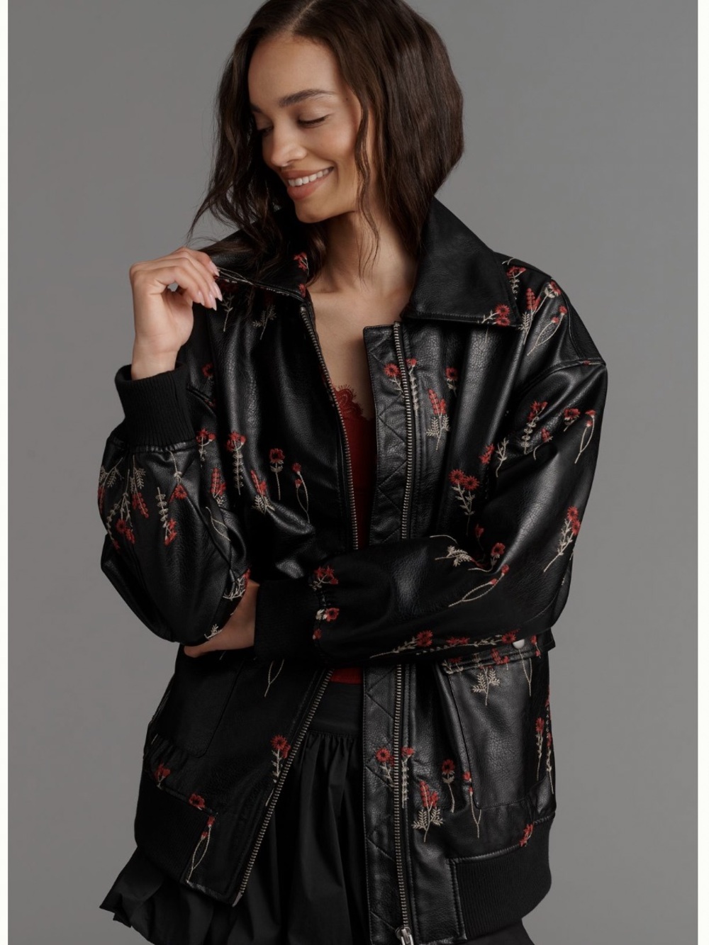 NWT Anthropologie Maeve Faux Leather All Over Floral-Embroidered Bomber Jacket